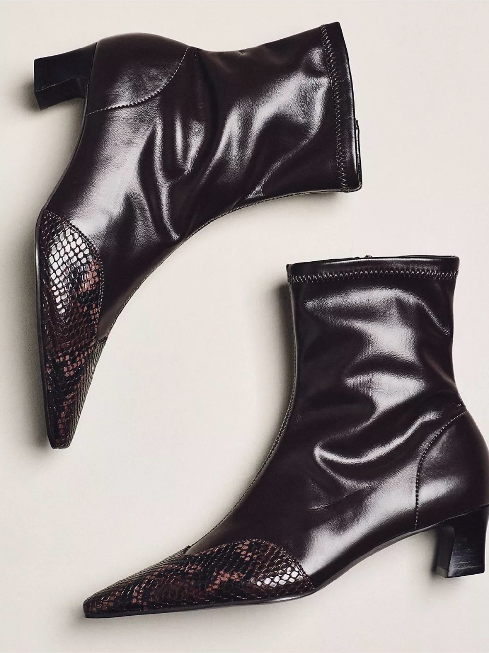 ✨ Anthropologie Maeve Pointed Toe Snakeskin Cap-Toe Stretch Ankle Booties ✨